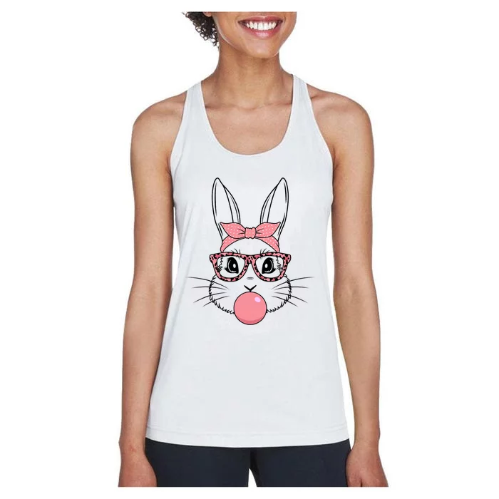 Bunny Face With Glasses Leopard Print Happy Easter Day Funny Gift Women's Racerback Tank