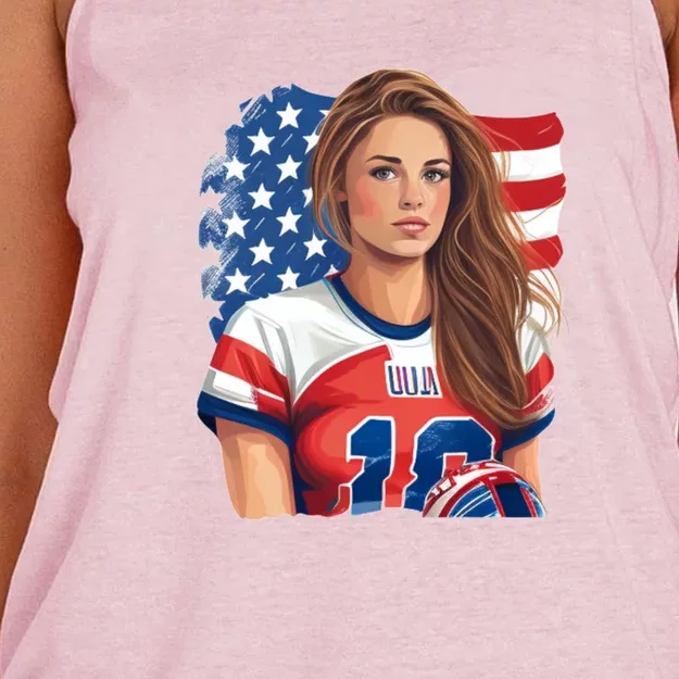 Beautiful Football With America Flag Gift Women's Knotted Racerback Tank