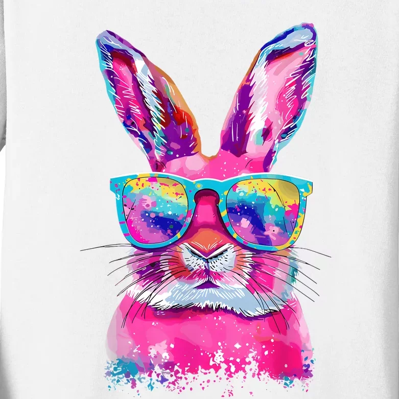 Bunny Face With Tie Dye Glasses Happy Easter Day Kids Long Sleeve Shirt