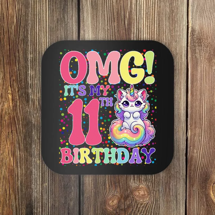 Birthday Girl 11 Years Old Cat Unicorn 11th Birthday Coaster