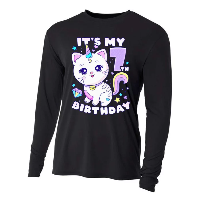 Birthday girl 7 years old cat unicorn 7th birthday Cooling Performance Long Sleeve Crew