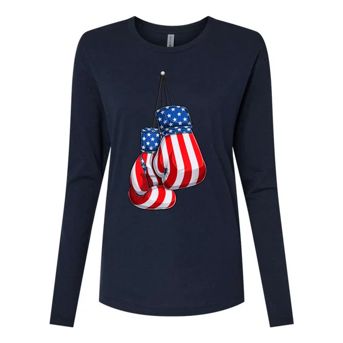 Box Gloves American Flag 4th of July Boxing Womens Cotton Relaxed Long Sleeve T-Shirt