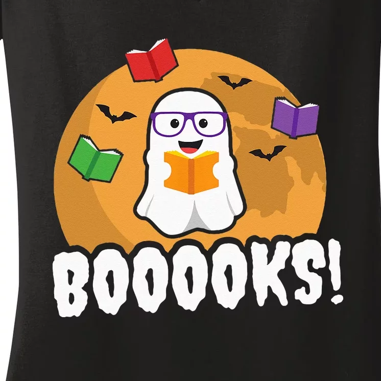 Booooks Ghost Boo Read Books Library Gift Funny Women's V-Neck T-Shirt