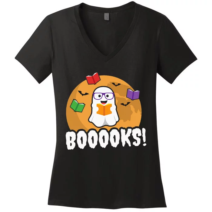 Booooks Ghost Boo Read Books Library Gift Funny Women's V-Neck T-Shirt