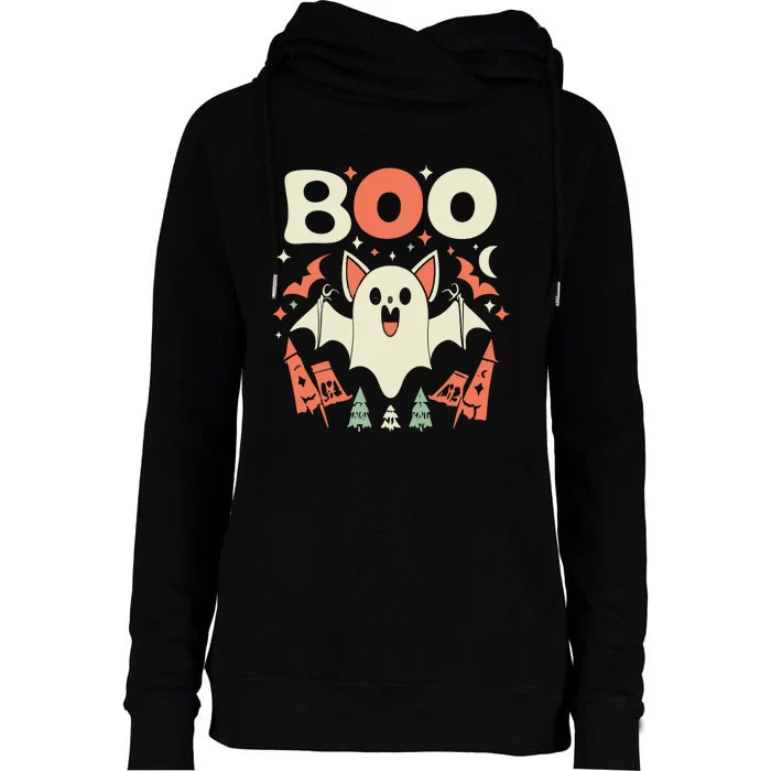 Boo Ghost Bat Retro Vintage Groovy Halloween Womens Funnel Neck Pullover Hood