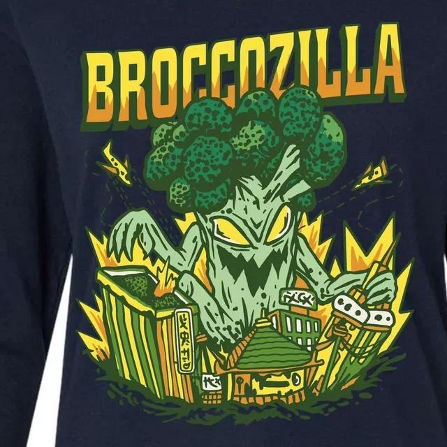 Broccozilla Giant Broccoli Attacking City Womens Cotton Relaxed Long Sleeve T-Shirt