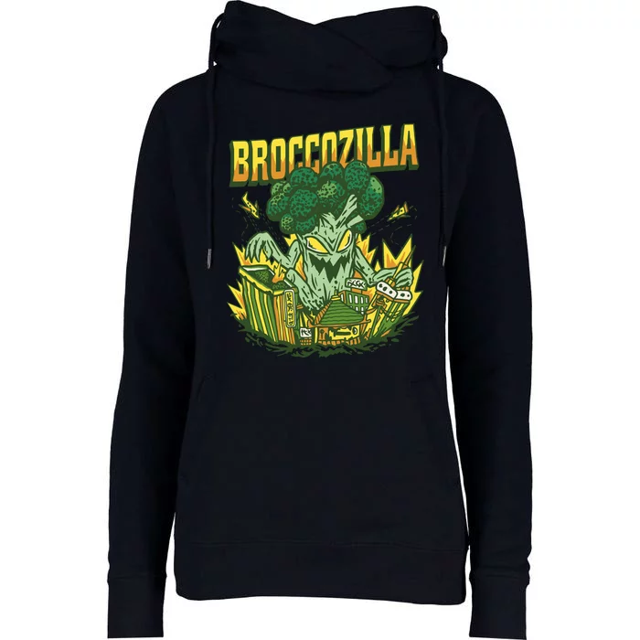 Broccozilla Giant Broccoli Attacking City Womens Funnel Neck Pullover Hood