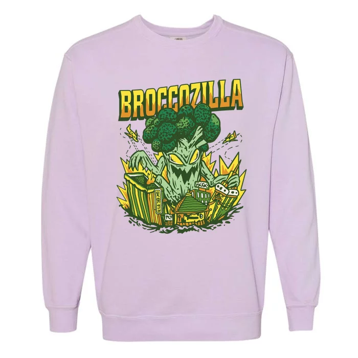 Broccozilla Giant Broccoli Attacking City Garment-Dyed Sweatshirt