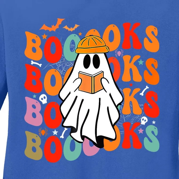 Booooks Groovy Cute Ghost Book Retro Reading Halloween Great Gift Ladies Long Sleeve Shirt