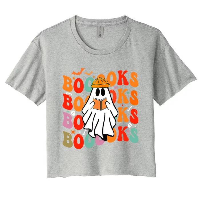 Booooks Groovy Cute Ghost Book Retro Reading Halloween Great Gift Women's Crop Top Tee