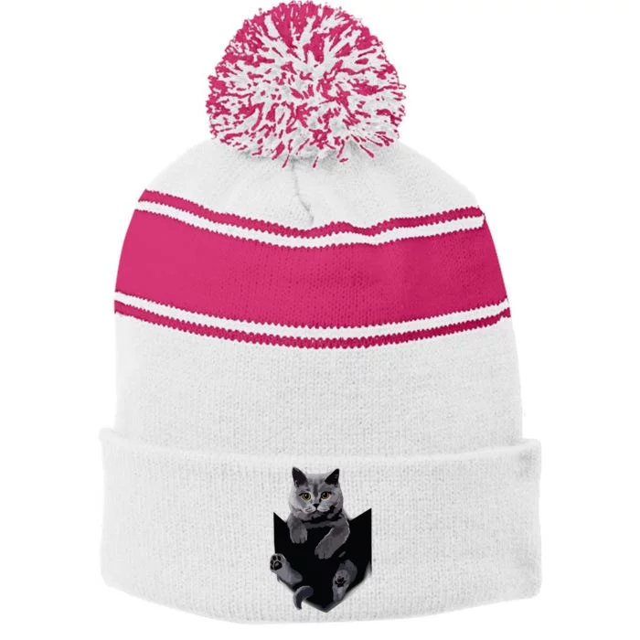 British Grey Cat In Pocket Cats Tee Gift Stripe Pom Pom Beanie