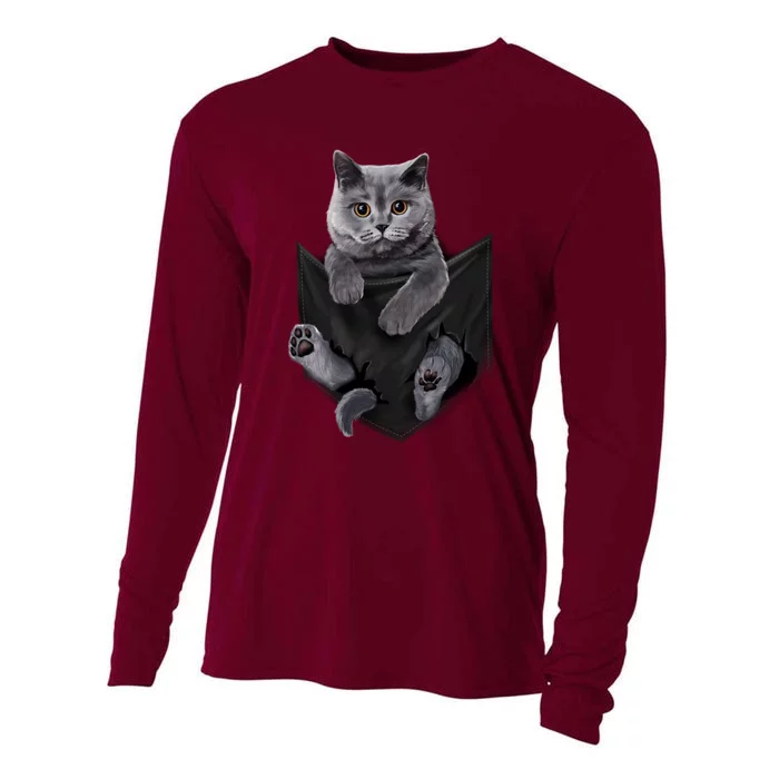 British Grey Cat In Pocket S Cats Gifts Cooling Performance Long Sleeve Crew