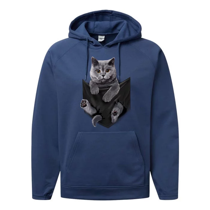 British Grey Cat In Pocket S Cats Gifts Performance Fleece Hoodie