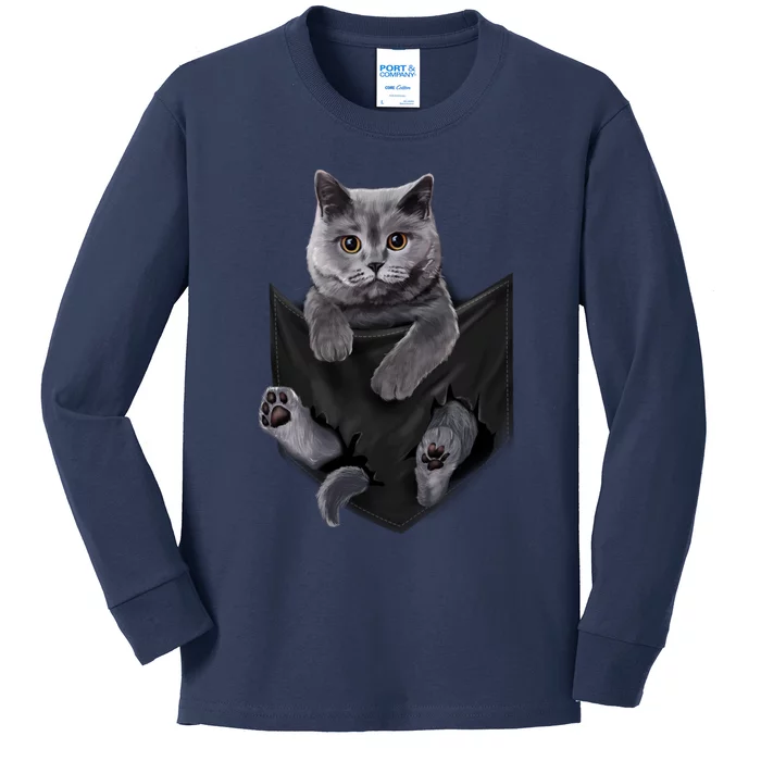 British Grey Cat In Pocket S Cats Gifts Kids Long Sleeve Shirt