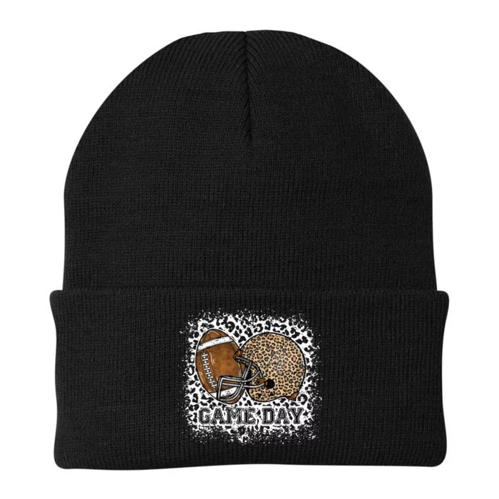 Bleached Game Day Leopard Football Helmet Sport Mom Knit Cap Winter Beanie