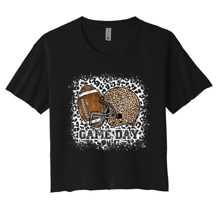 Bleached Game Day Leopard Football Helmet Sport Mom Women's Crop Top Tee