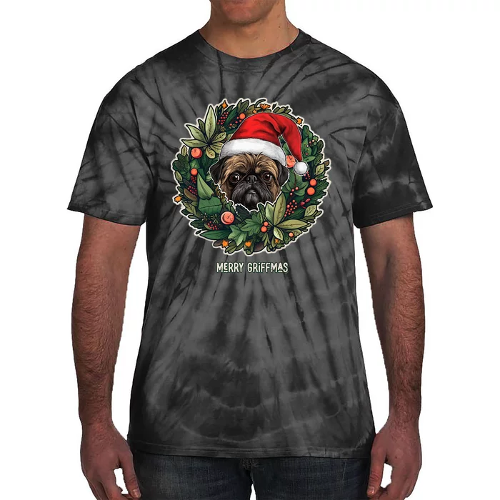 Brussels Griffon Dog in a Santa Hat & Wreath  Cute Tie-Dye T-Shirt