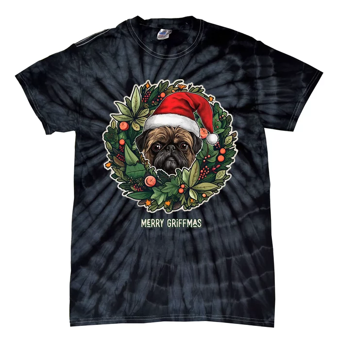 Brussels Griffon Dog in a Santa Hat & Wreath  Cute Tie-Dye T-Shirt