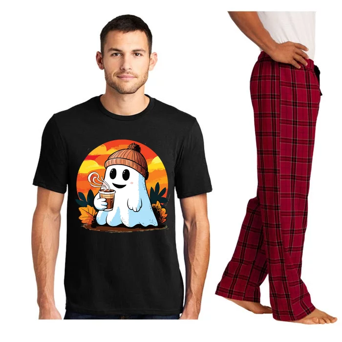 Boo Ghost Drinking Coffee Halloween Costumes Woman 2024 Pajama Set