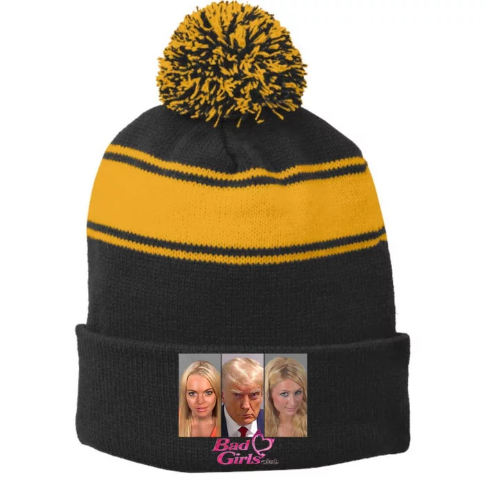 Bad Girls Donald Club Trump 2024 Mugshot Stripe Pom Pom Beanie