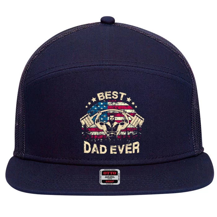 Best Gym Dad Ever Cool Gift Deadlift Powerlifter American Flag Great Gift 7 Panel Mesh Trucker Snapback Hat