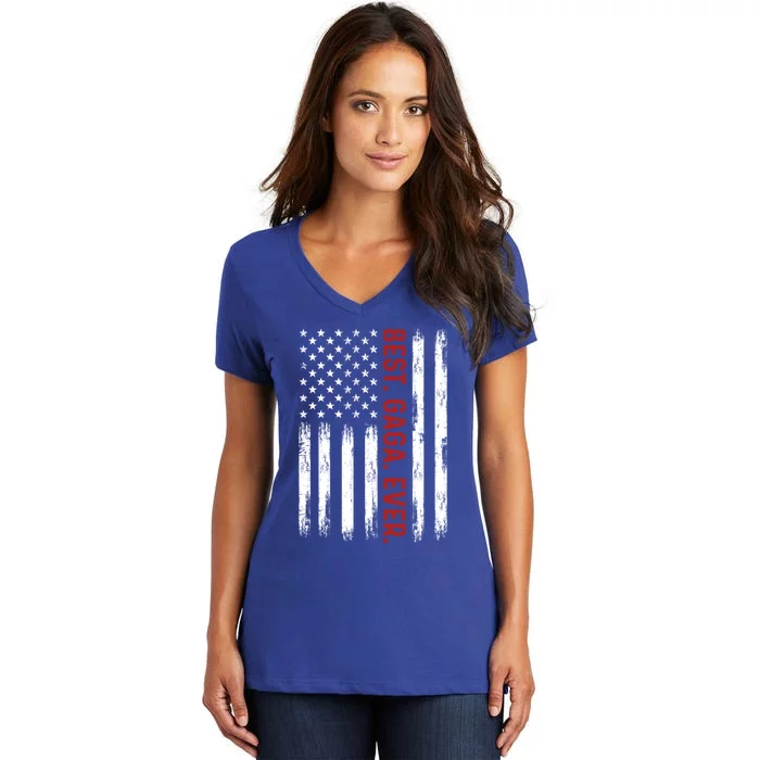 Best Gaga Ever Vintage American Flag 4th Of July Gaga Gift Women's V-Neck T-Shirt