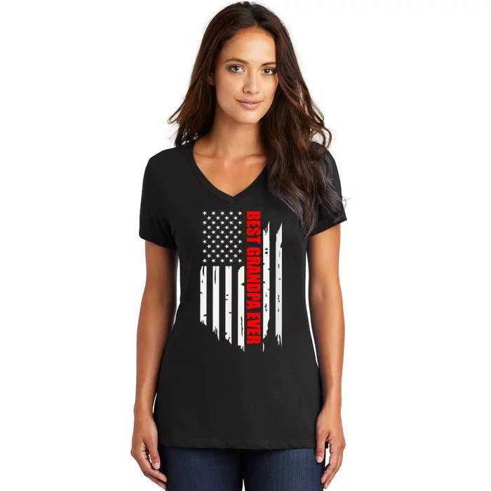 Best Grandpa Ever Vintage American Flag FatherS Day Women's V-Neck T-Shirt