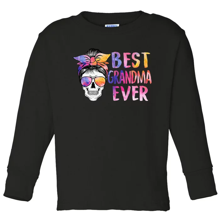 Best Grandma Ever Skull Messy Bun Sunglasses Mother's Day Toddler Long Sleeve Shirt