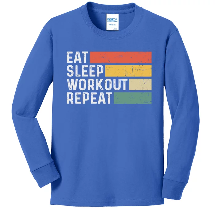 Bodybuilder Gym Funny Vintage Cute Gift Eat Sleep Workout Repeat Gift Kids Long Sleeve Shirt