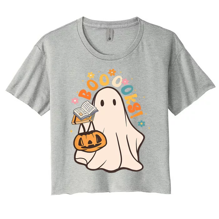 Booooks Ghost Funny Halloween Teacher Book Library Reading Funny Gift Women's Crop Top Tee