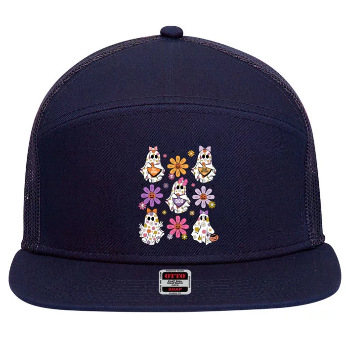 Boo Ghost Floral Halloween Cute Boo Ghoul 7 Panel Mesh Trucker Snapback Hat