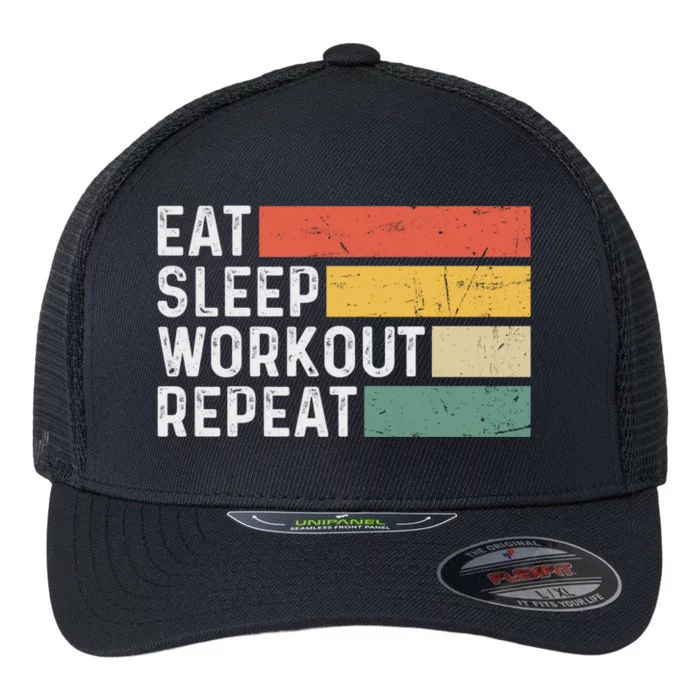 Bodybuilder Gym Funny Vintage Cute Gift Eat Sleep Workout Repeat Gift Flexfit Unipanel Trucker Cap