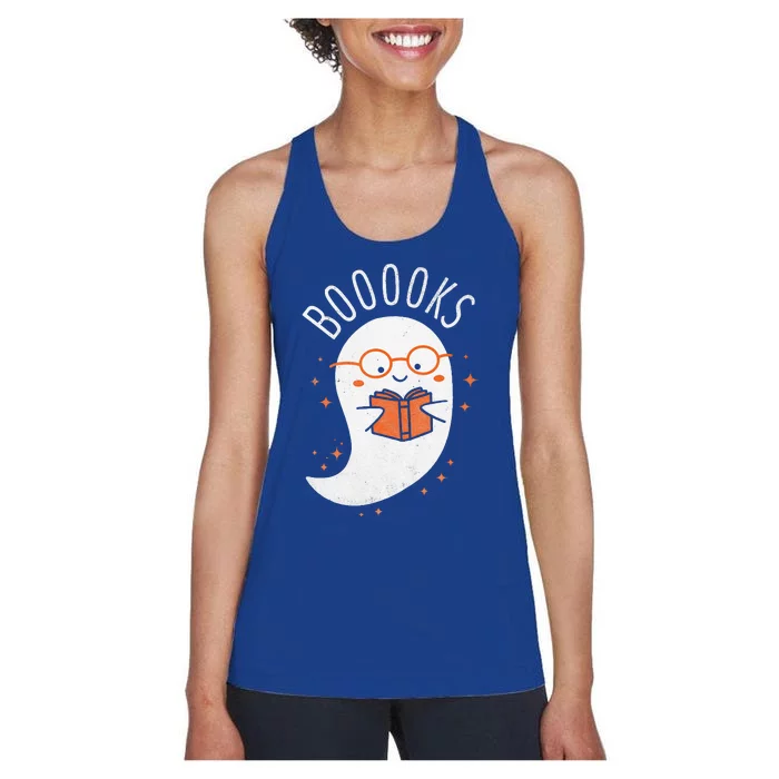 Booooks Ghost Funny Halloween Teacher Book Library Reading Women's Racerback Tank