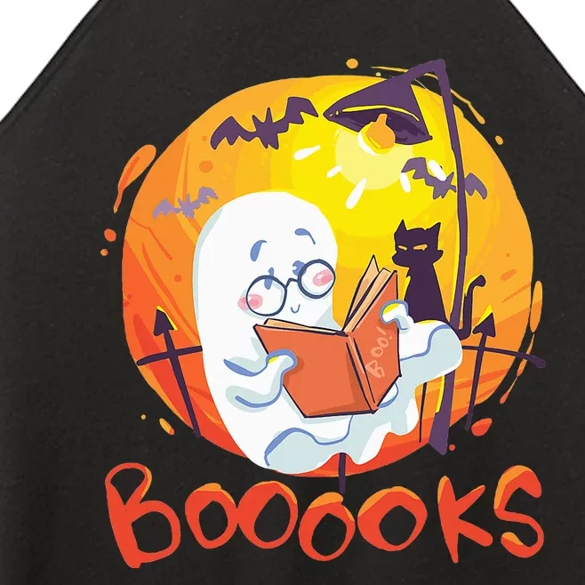 Booooks Ghost Funny Halloween Teacher Book Library Reading Women’s Perfect Tri Rocker Tank