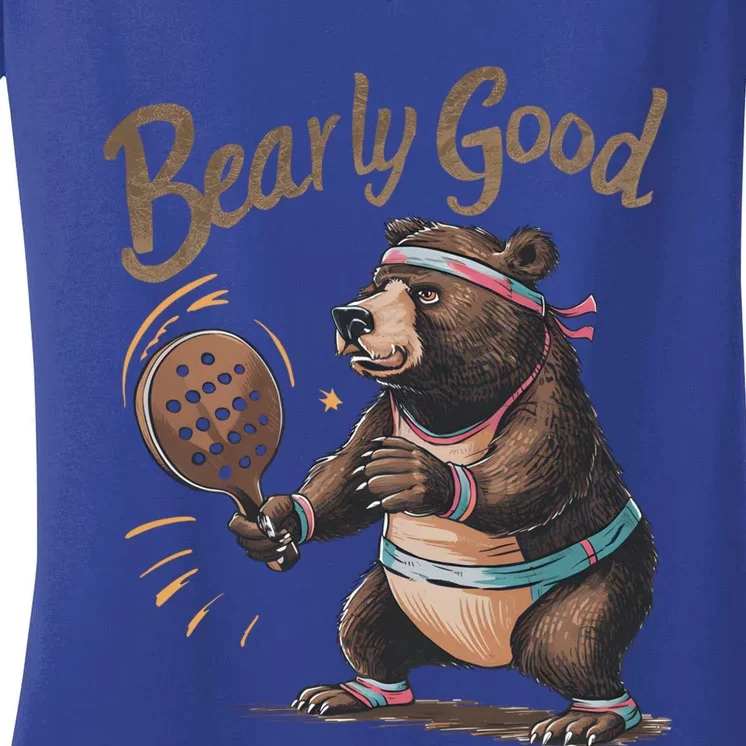 Bearly Good Funny Retro Pickleball Paddleball Bear Gift Women's V-Neck T-Shirt