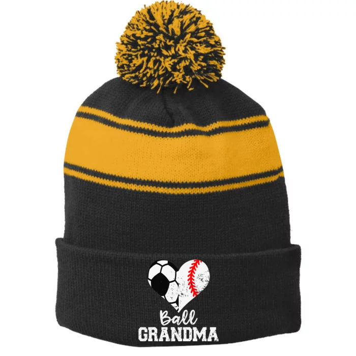 Ball Grandma Funny Soccer Baseball Grandma Stripe Pom Pom Beanie