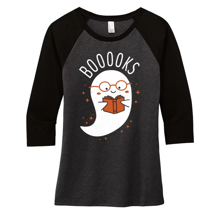 Booooks Ghost Funny Halloween Teacher Book Library Reading Women's Tri-Blend 3/4-Sleeve Raglan Shirt