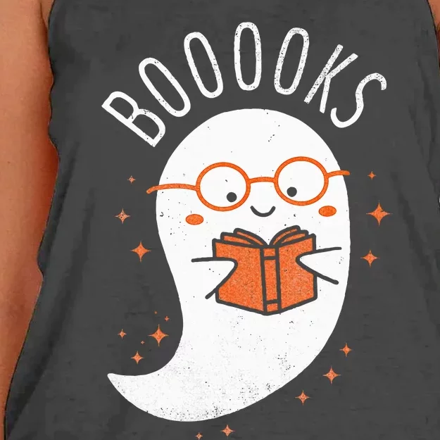 Booooks Ghost Funny Halloween Teacher Book Library Reading Women's Knotted Racerback Tank