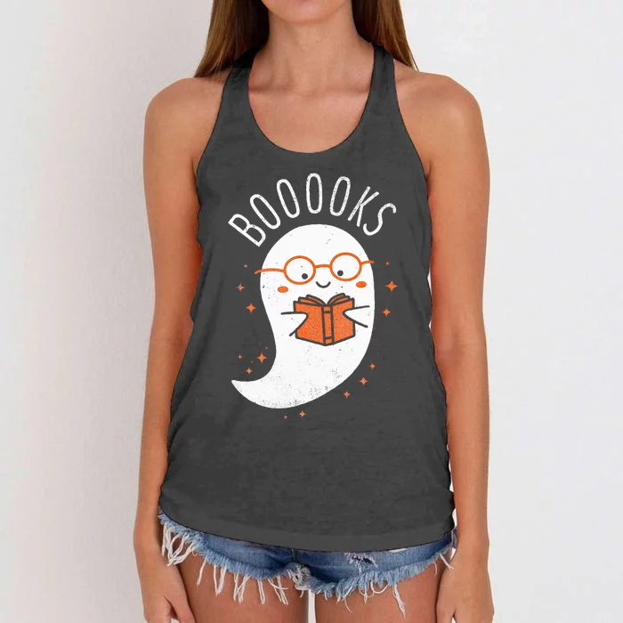 Booooks Ghost Funny Halloween Teacher Book Library Reading Women's Knotted Racerback Tank