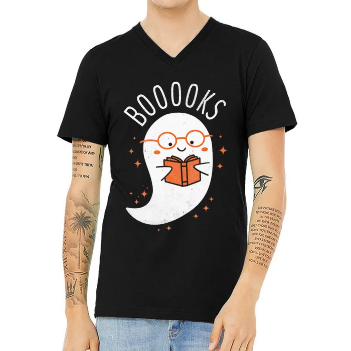 Booooks Ghost Funny Halloween Teacher Book Library Reading V-Neck T-Shirt