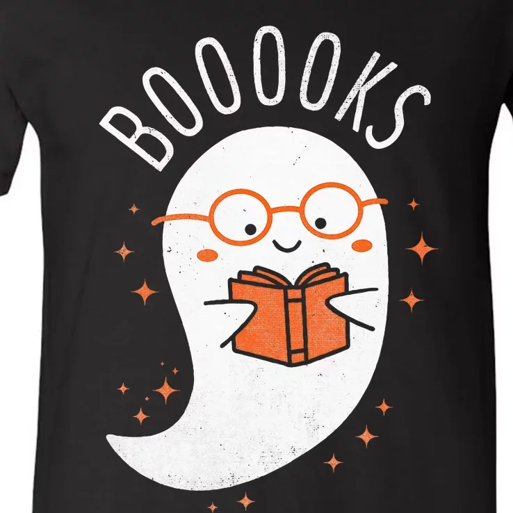 Booooks Ghost Funny Halloween Teacher Book Library Reading V-Neck T-Shirt