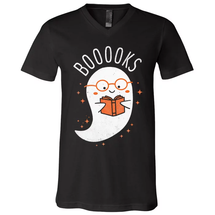 Booooks Ghost Funny Halloween Teacher Book Library Reading V-Neck T-Shirt