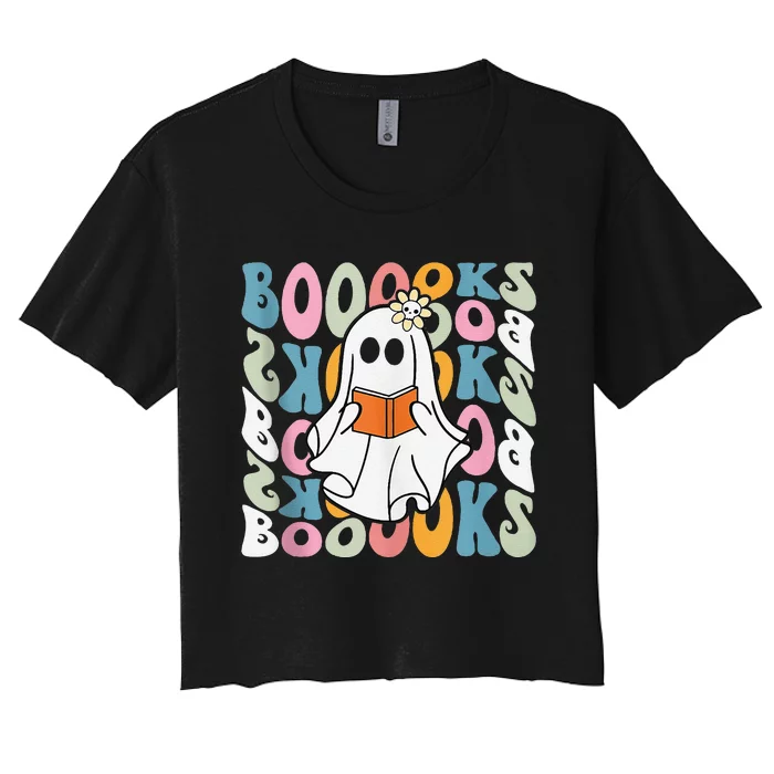 Booooks Ghost Funny Halloween Teacher Book Library Reading Women's Crop Top Tee