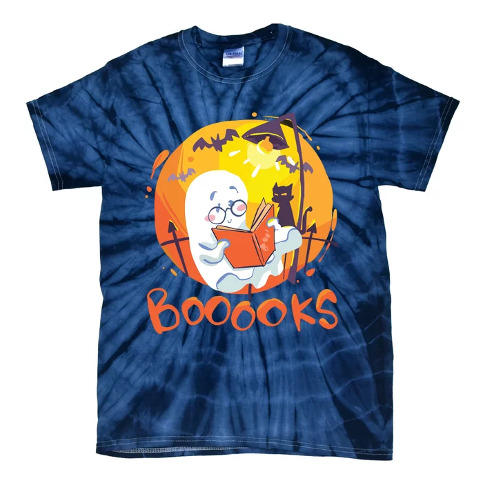 Booooks Ghost Funny Halloween Teacher Book Library Reading Tie-Dye T-Shirt