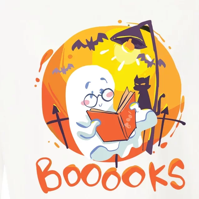 Booooks Ghost Funny Halloween Teacher Book Library Reading Cropped Pullover Crew