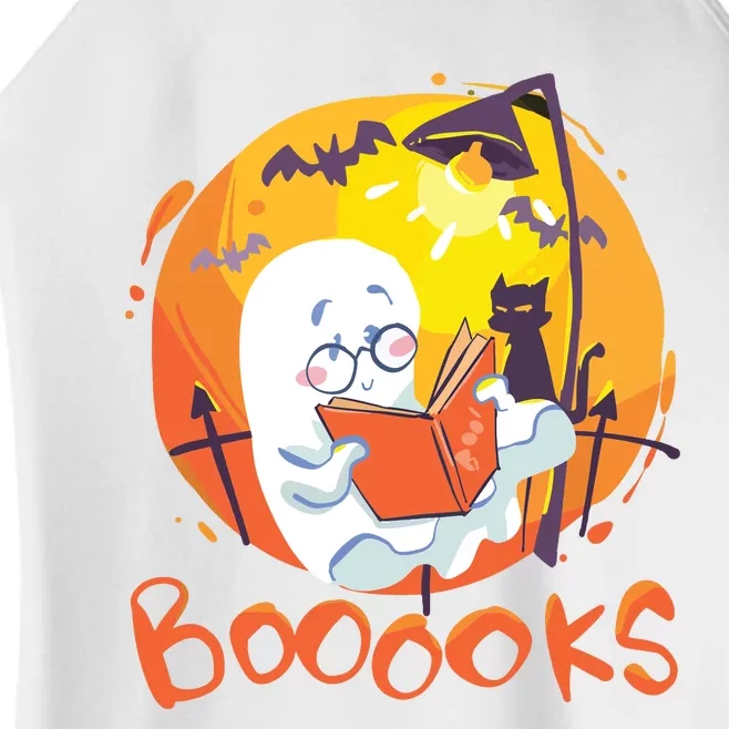 Booooks Ghost Funny Halloween Teacher Book Library Reading Women’s Perfect Tri Rocker Tank