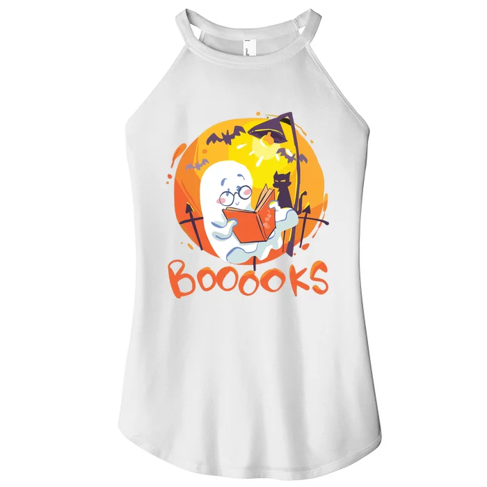 Booooks Ghost Funny Halloween Teacher Book Library Reading Women’s Perfect Tri Rocker Tank