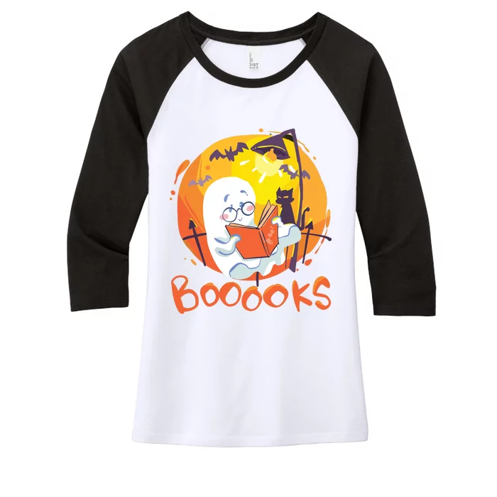 Booooks Ghost Funny Halloween Teacher Book Library Reading Women's Tri-Blend 3/4-Sleeve Raglan Shirt