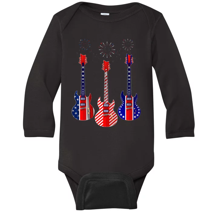 Bass Guitar Flag Usa 4th Of July Independence Day Pattern Baby Long Sleeve Bodysuit