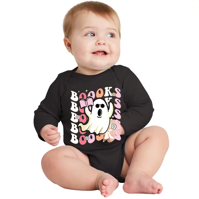 Boooks Ghost Groovy Book Reading Halloween Teacher Baby Long Sleeve Bodysuit